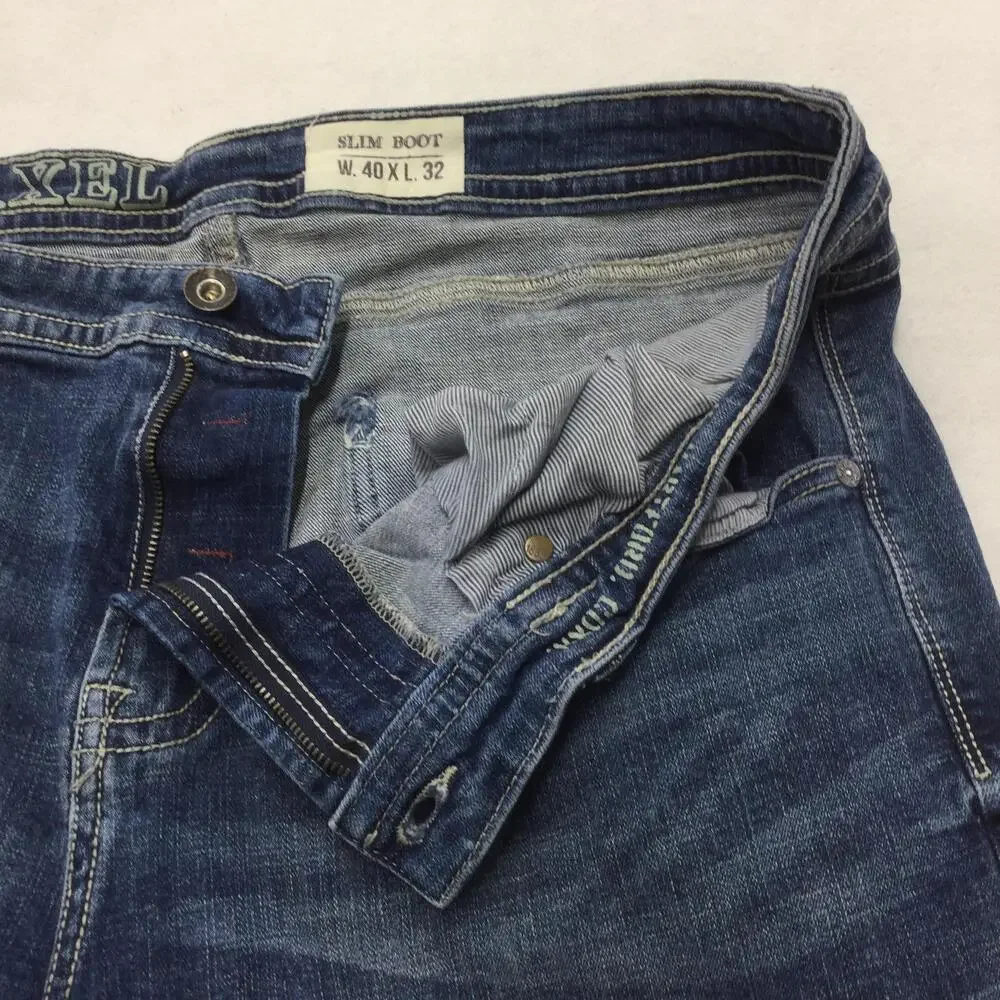 TK Axel Slim Boot Jeans Mens 40x32 Blue Wash Bootcut Denim Stretch Zip Fly